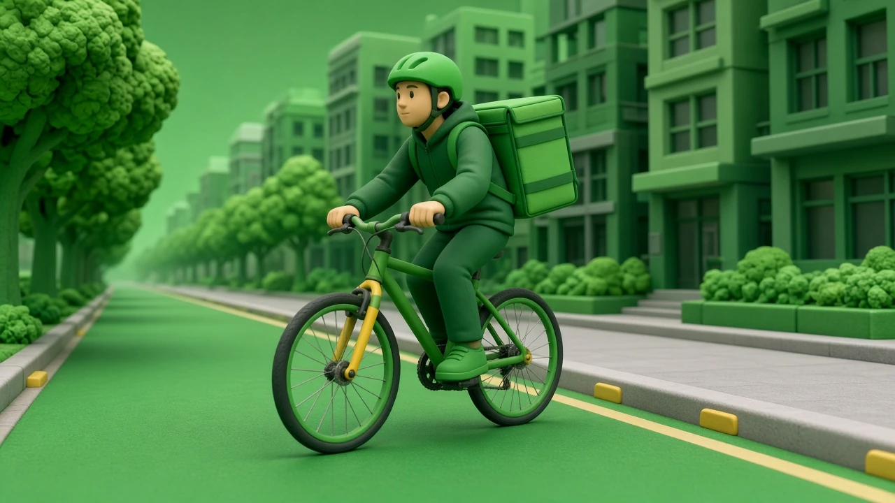 Bicycle courier – helmeted rider with a delivery bag in a bike lane | Jetbee